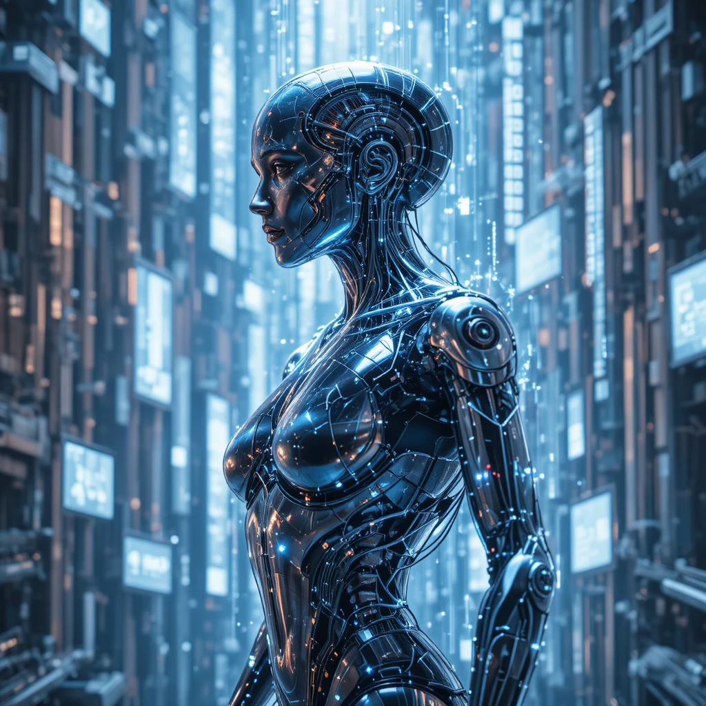 Humanoider KI-Roboter, der sich aus herabstürzendem holografischem Code formt