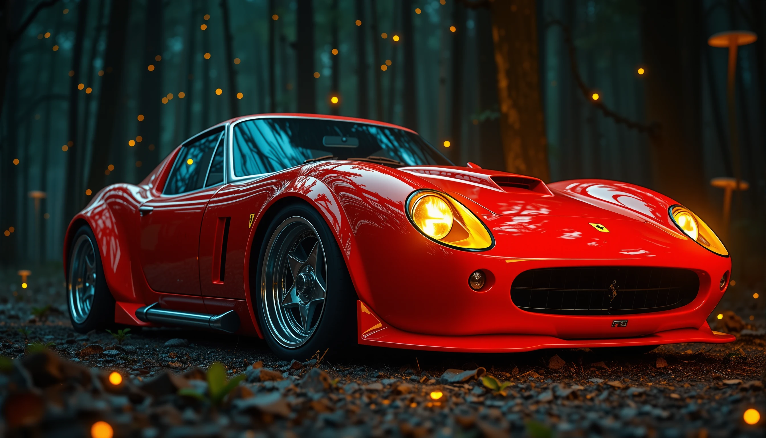 Carro esportivo fotorrealista em uma floresta fantástica iluminada