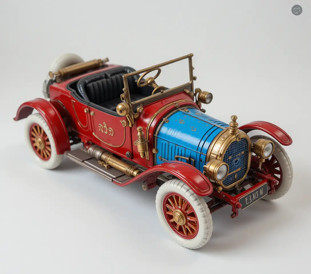 Vintage-rotes Spielzeugauto und Roboter vor weißem Hintergrund