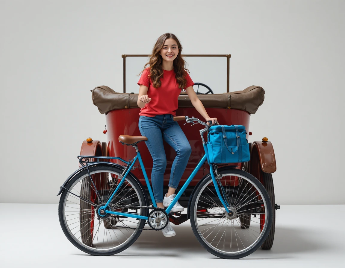 Donna sorridente che cammina con una bicicletta blu accanto a un’auto classica rossa