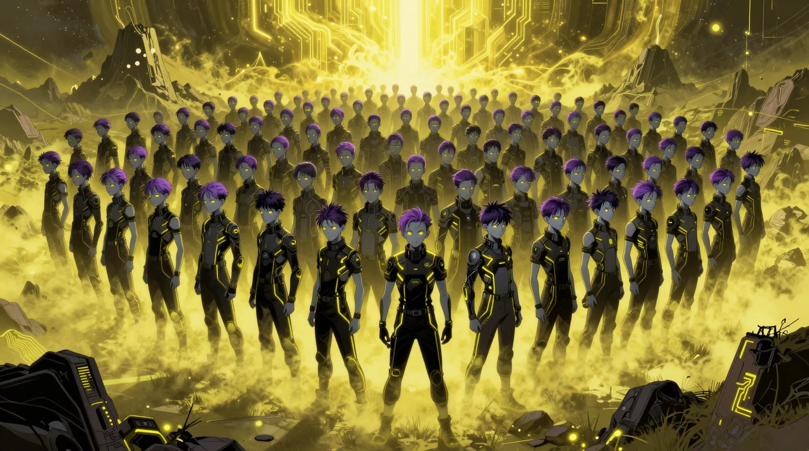 Vasta Folla di Ragazzi Futuristici sotto il Cielo Cosmico Giallo