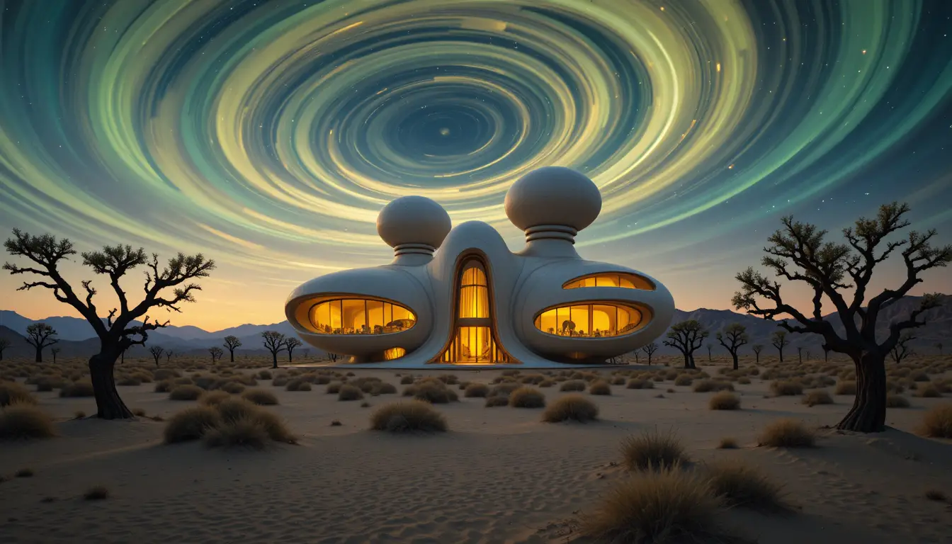 Surreal futuristisches Gebäude, das in einer weiten Wüste leuchtet
