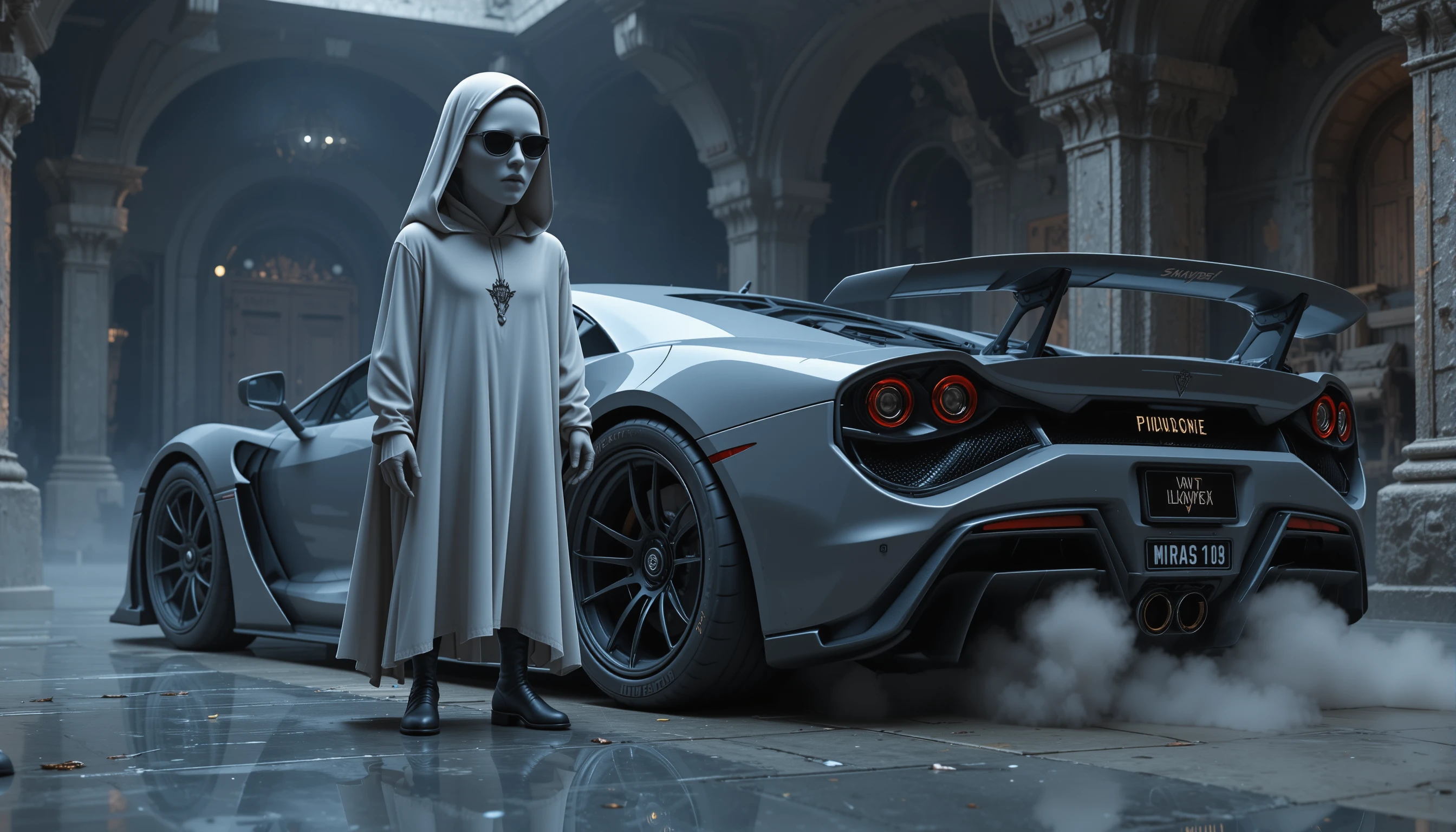 Figura fantasmagórica de faraó ao lado de supercarro customizado em garagem cripta