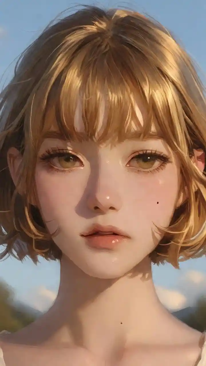 Shy anime girl under a clear dawn sky outdoors