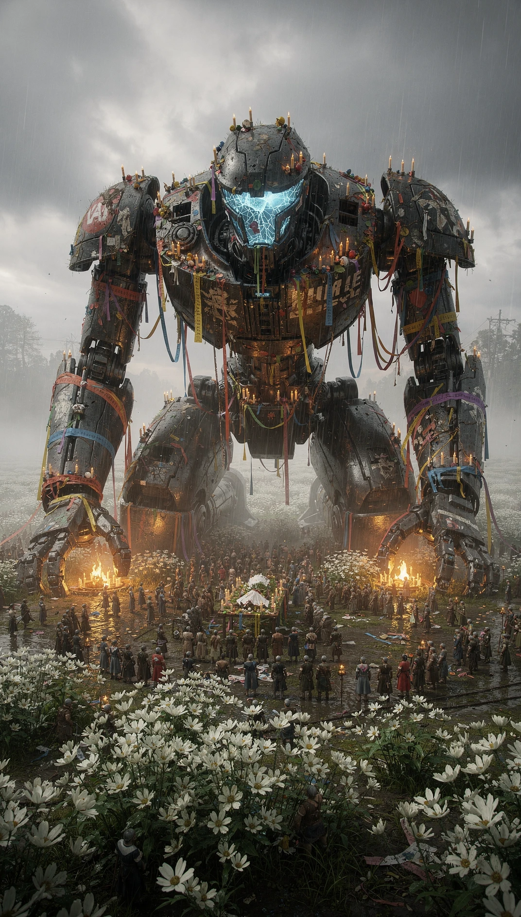 Giant fallen war mech mourned in a white flower field