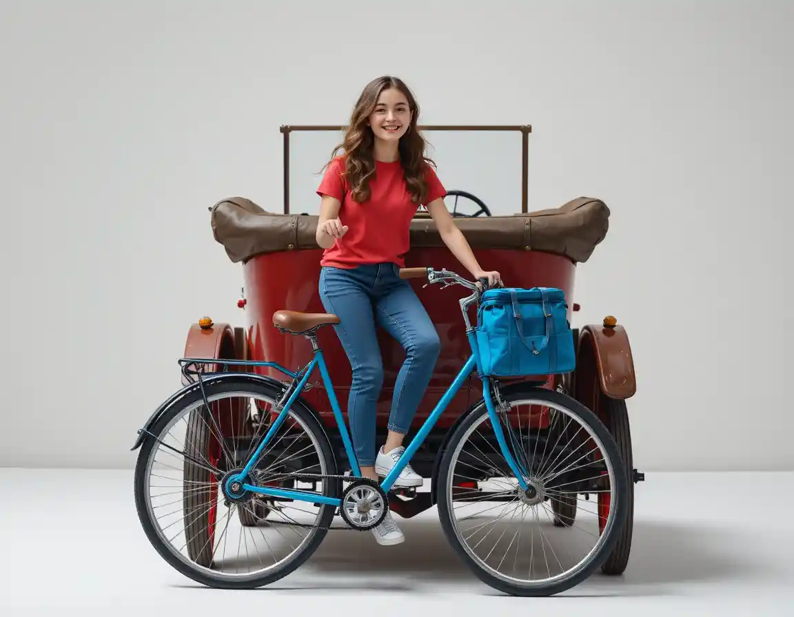 Donna sorridente che cammina con una bicicletta blu accanto a un’auto classica rossa