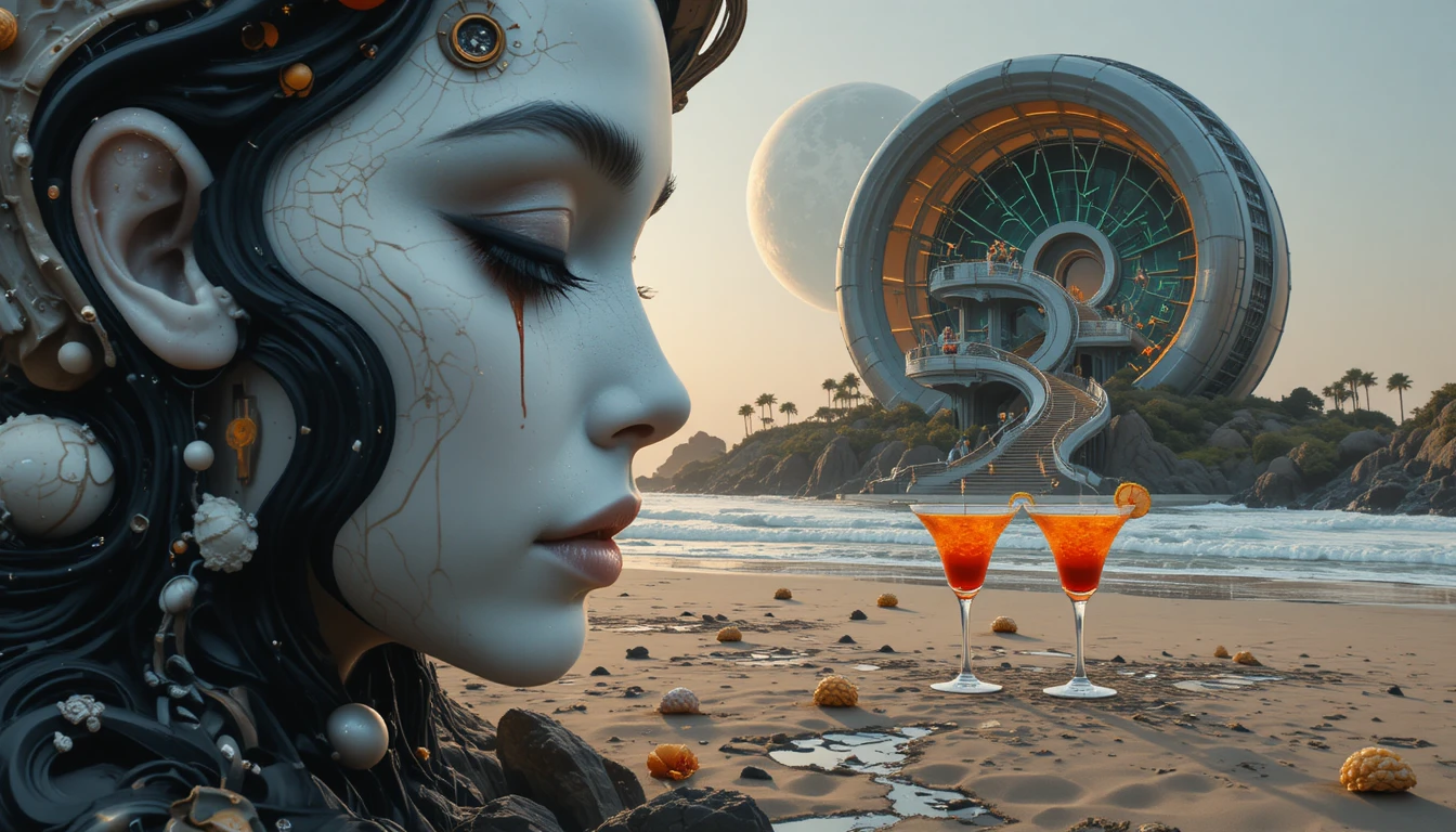 Resort Futuristico su una Spiaggia Aliena al Tramonto