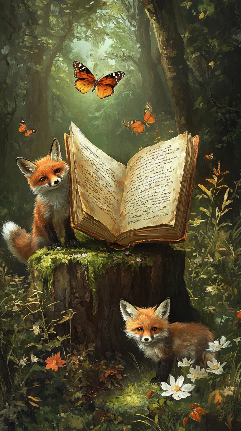 Fuchsfamilie studiert ein offenes Buch auf einem Baumstumpf im Wald