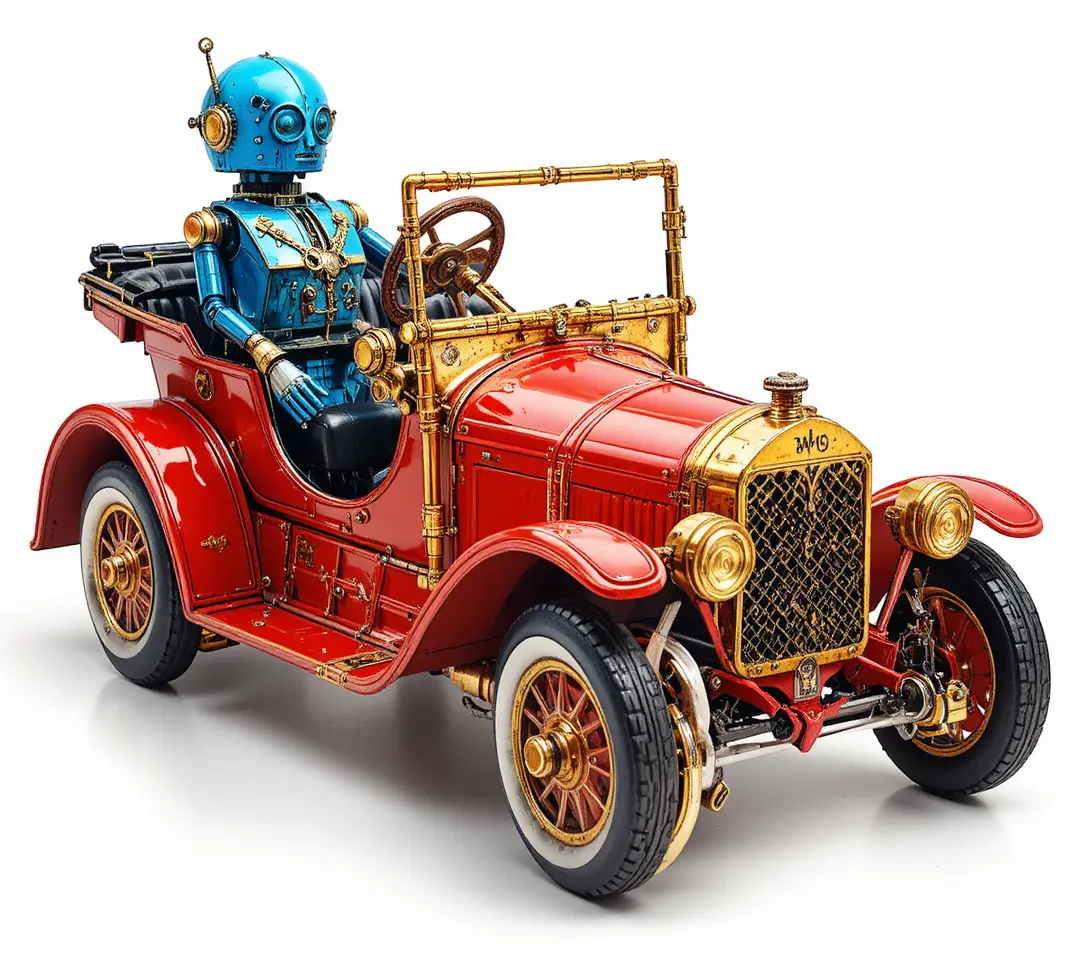 Vintage-Spielzeugauto und Robotersammlung vor weißem Hintergrund