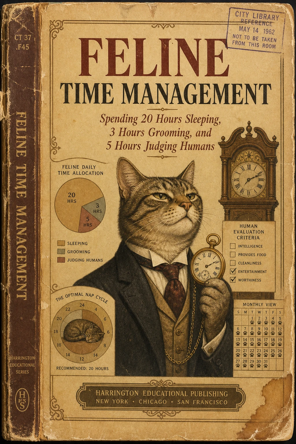 Capa de livro educativo vintage de gestão do tempo com gato