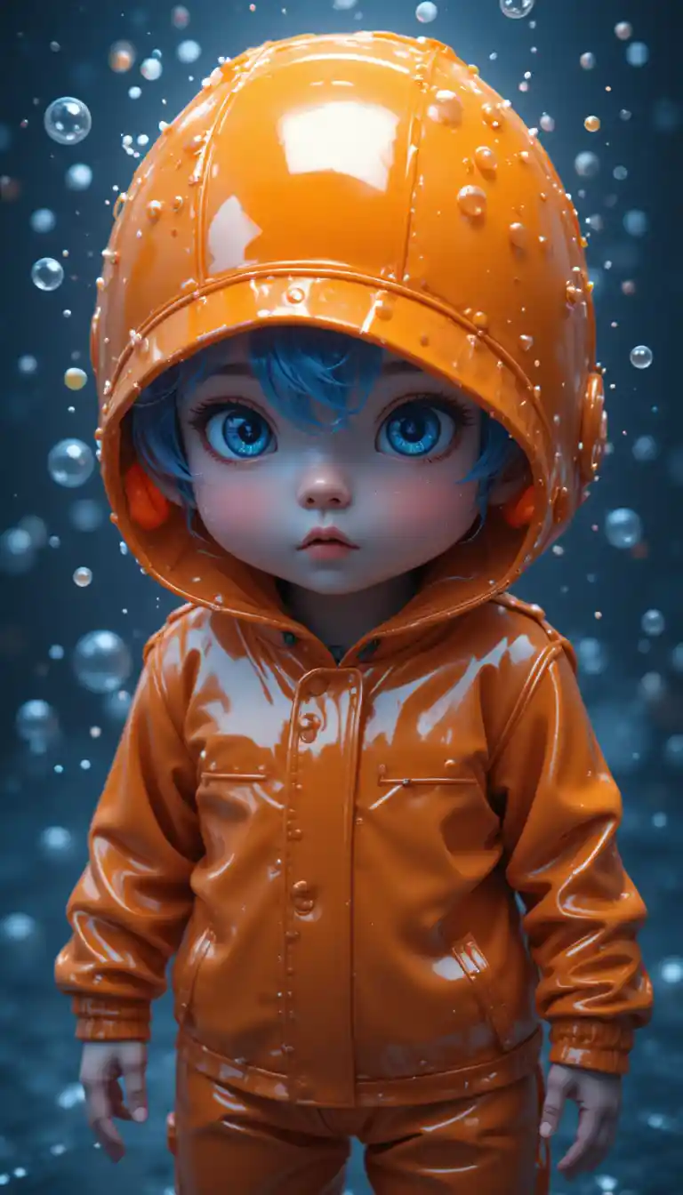 Niño pequeño con traje de lluvia naranja en escena submarina oscura
