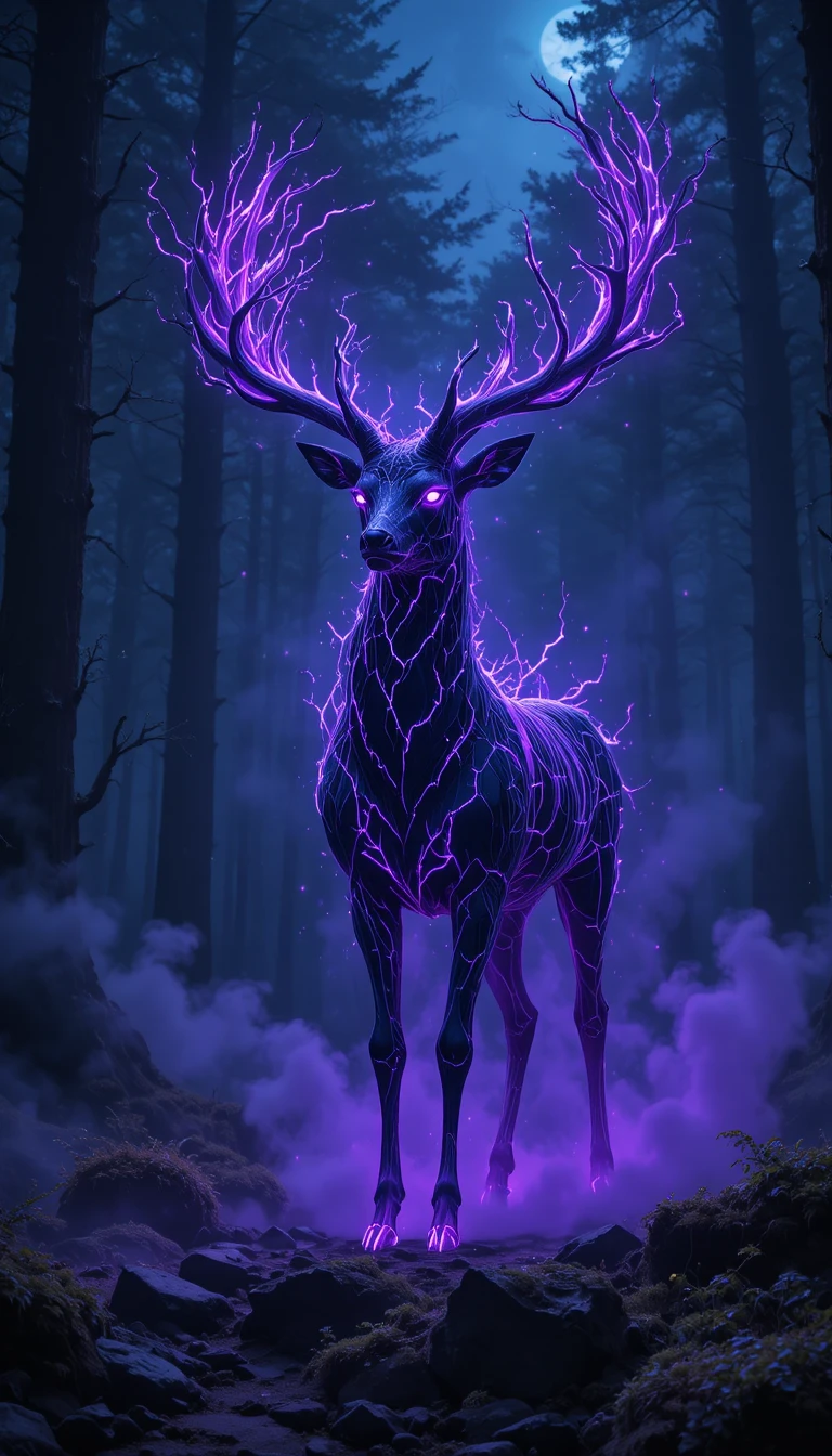 Espírito de cervo espectral brilhando em uma floresta escura e enevoada
