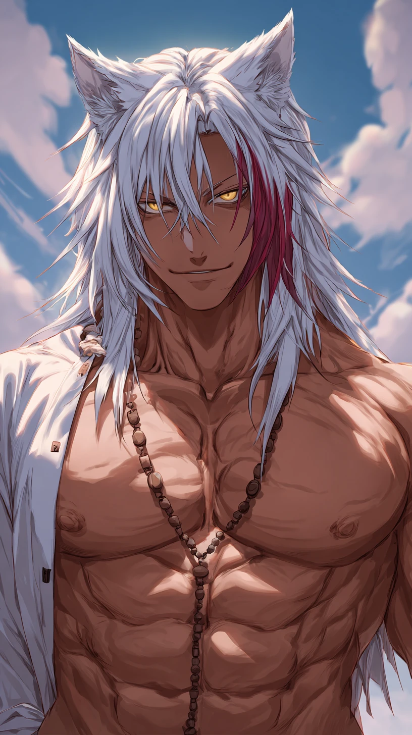 Homem de anime de cabelo branco e vermelho com heterocromia ao ar livre