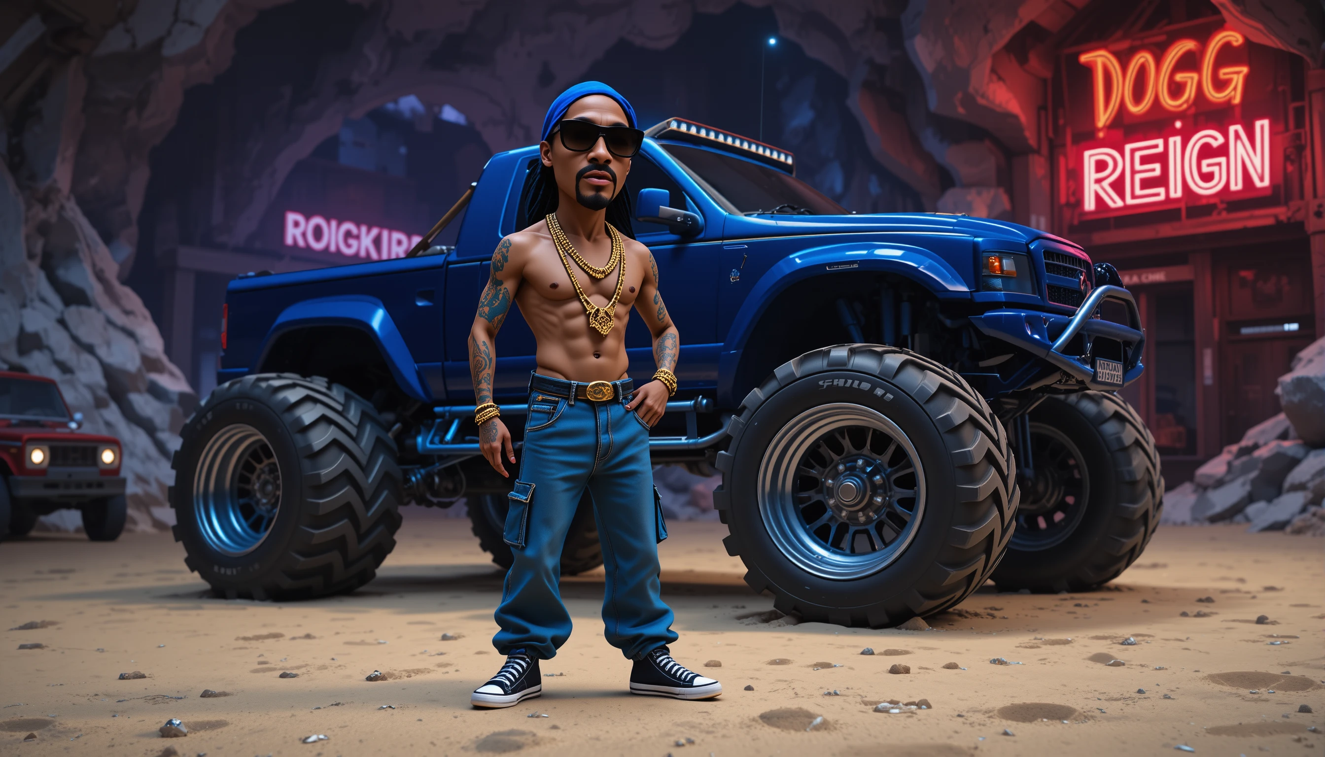 3D-Gangsterboss mit Monstertruck in Kristallhöhle