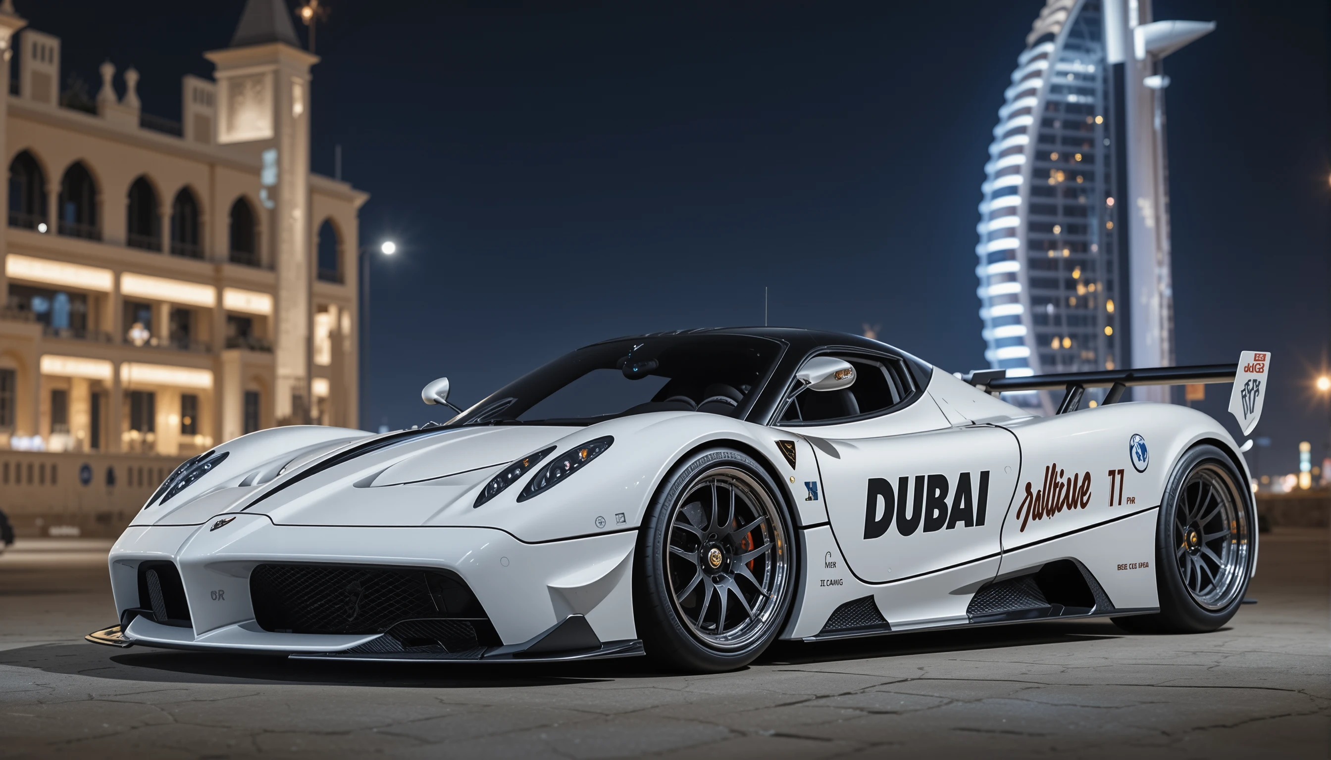 Weißer Pagani Huayra Polizeisupersportwagen bei Nacht in Dubai