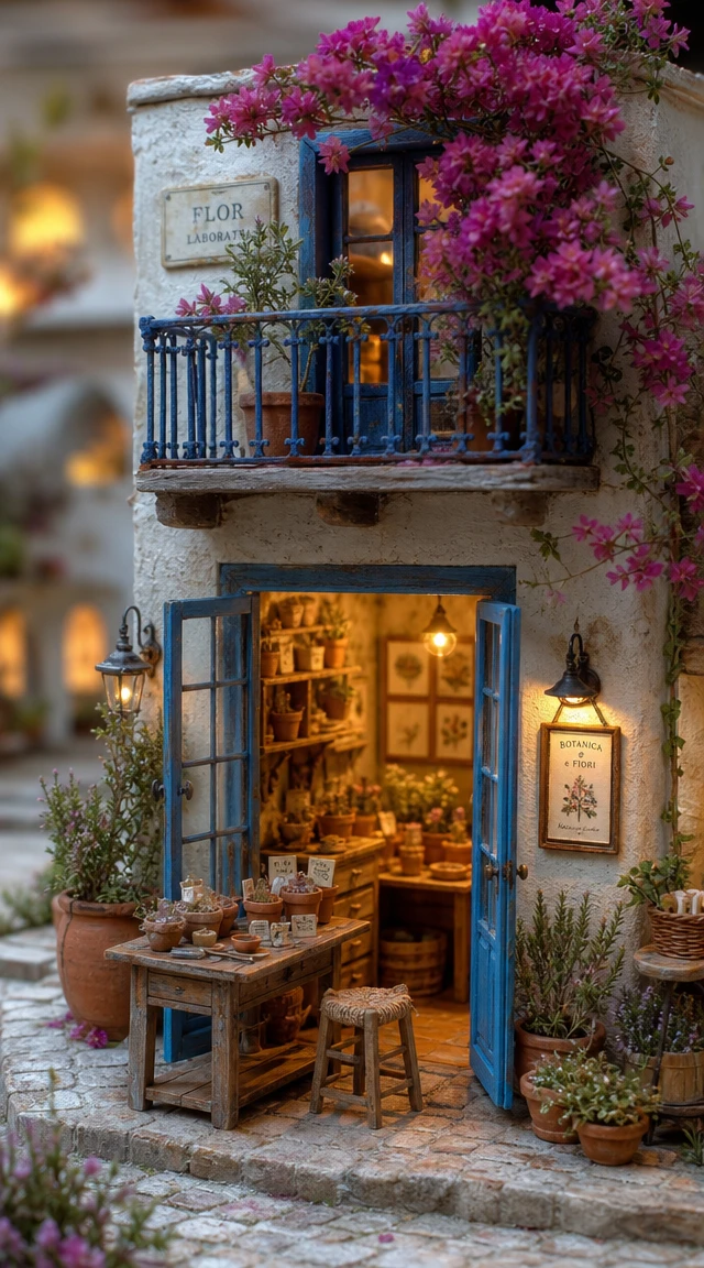 Makroansicht einer winzigen mediterranen Schaufenster‑Werkstatt