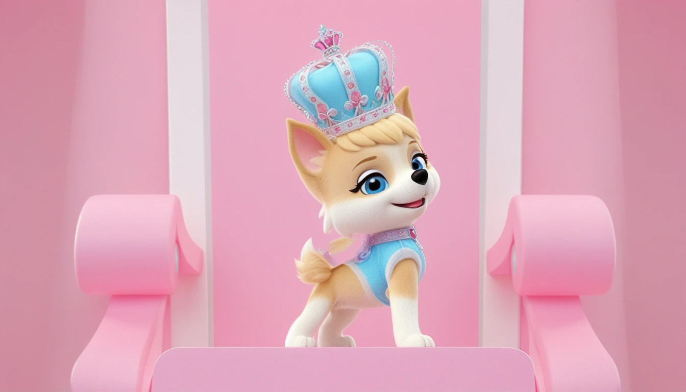 Fofo mascote de cachorro princesa em pé em moldura widescreen