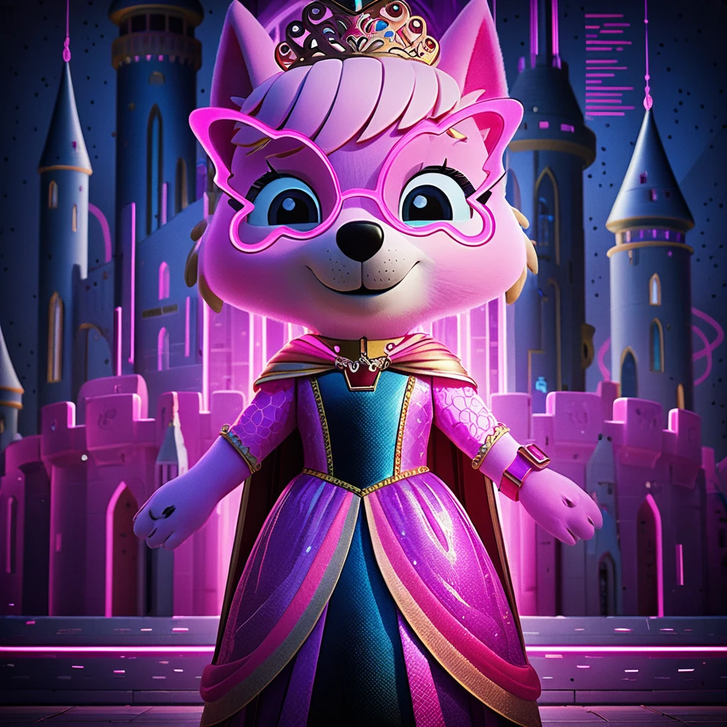 Mascote de princesa cachorra em interior colorido de castelo de fantasia