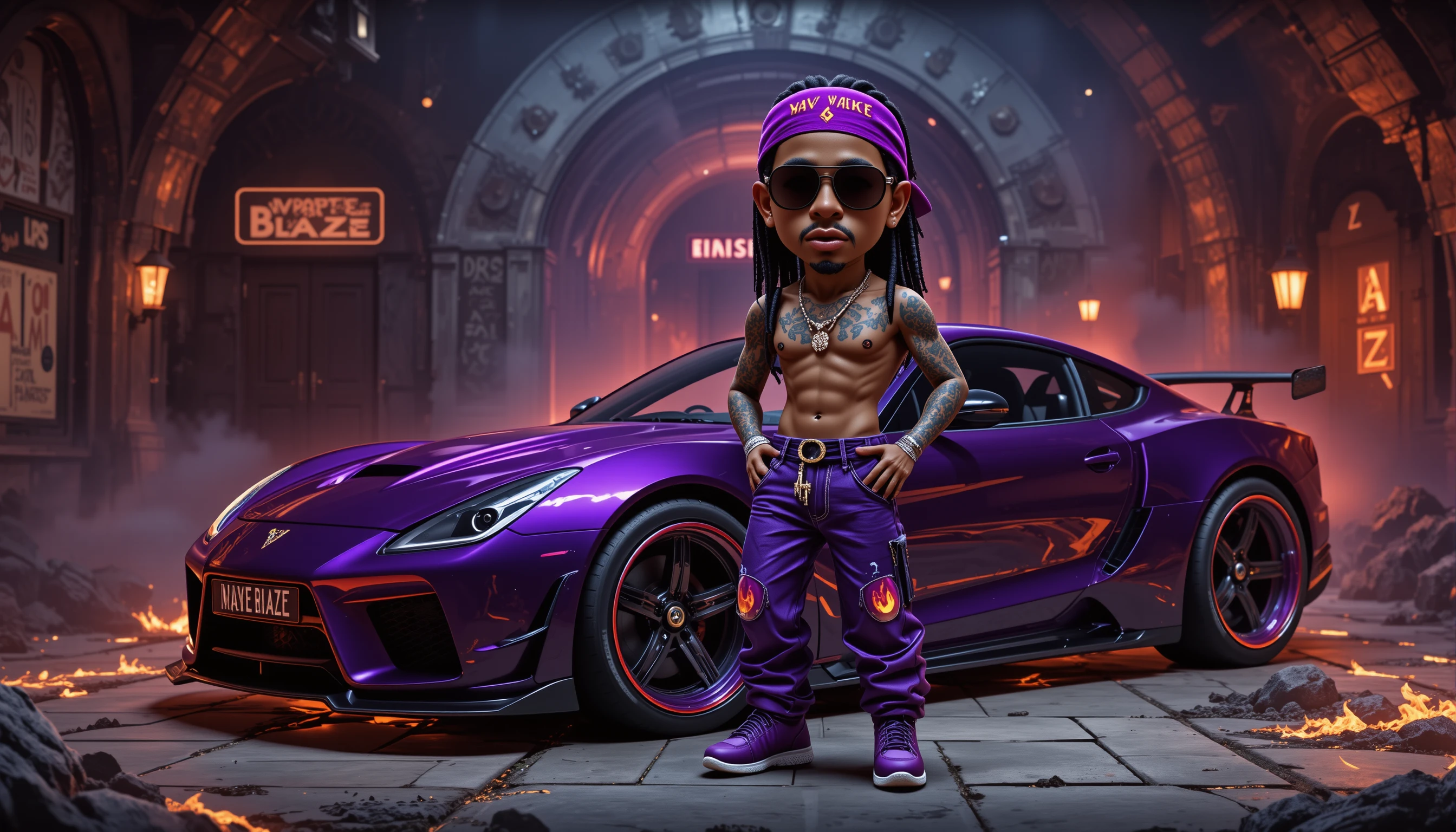 Boss rapper 3D che posa accanto a una hypercar viola personalizzata