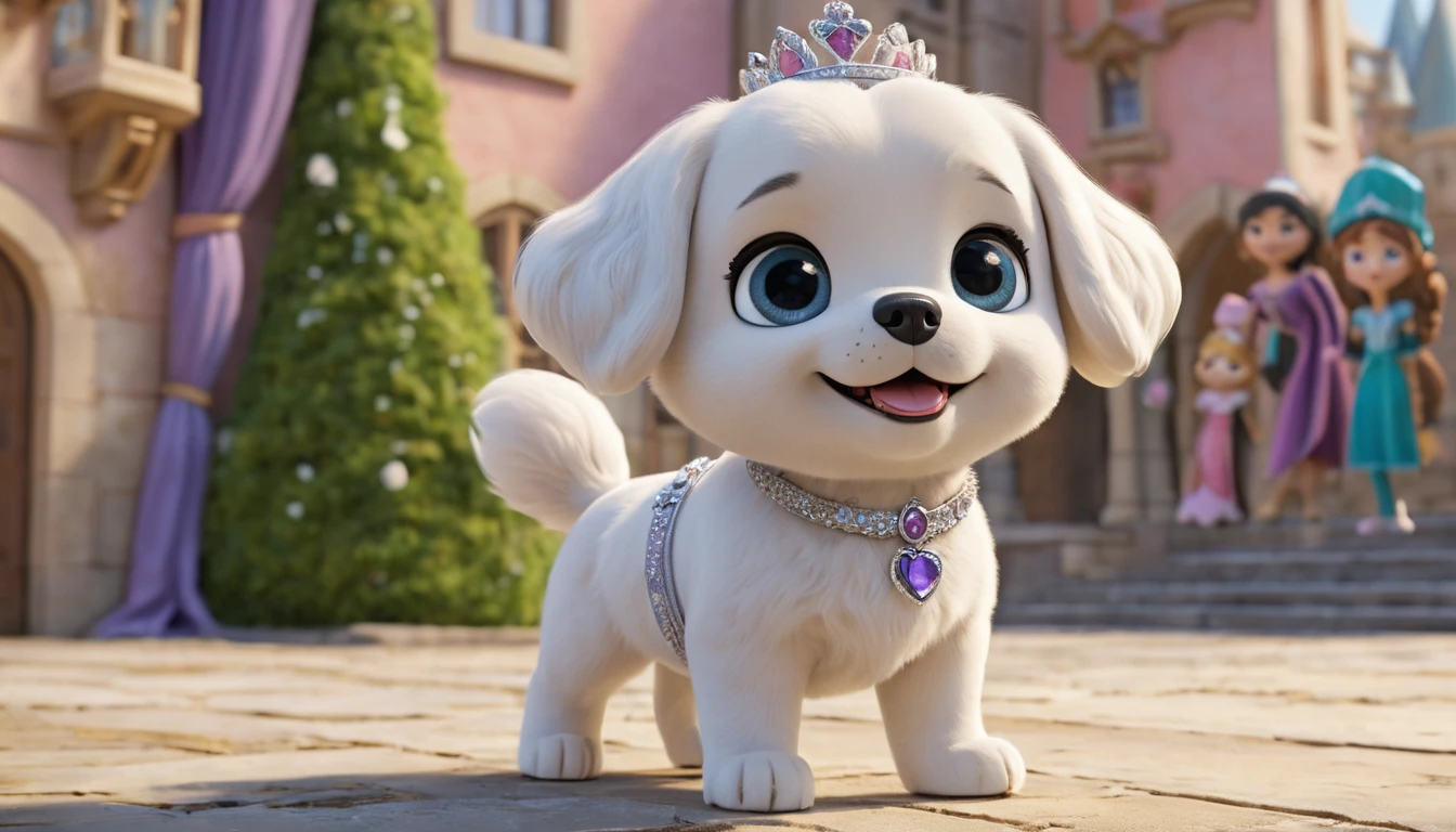 Mascote de cachorrinha princesa em pé em uma cena fotográfica limpa