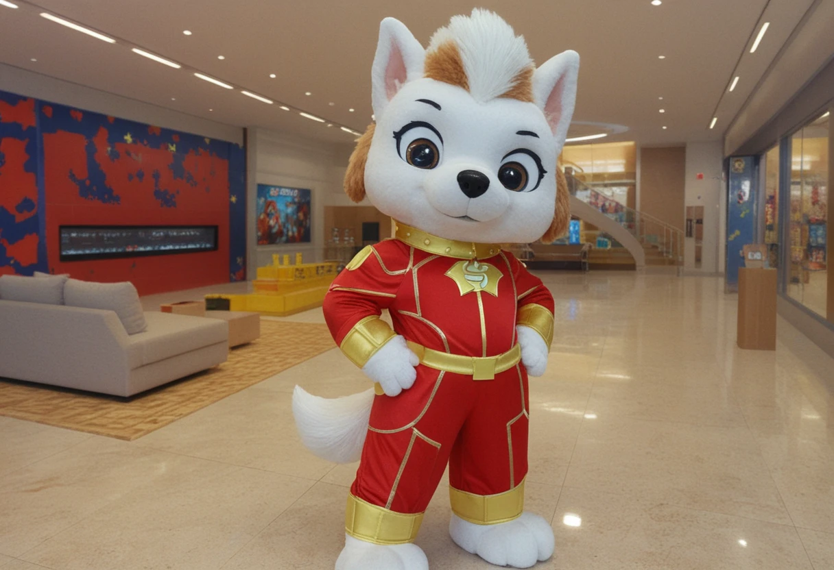 Mascotte ragazza in costume da supereroina a tema cane che posa con sicurezza
