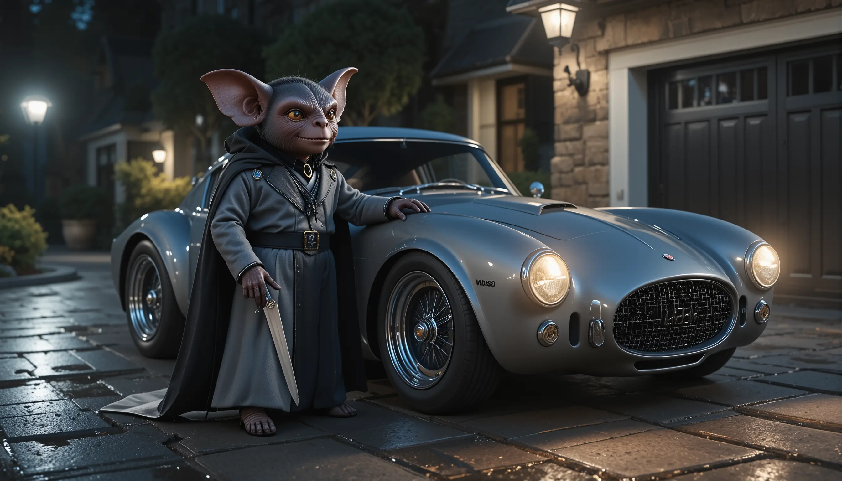 Murciélago vampiro antropomórfico junto a coche clásico de noche