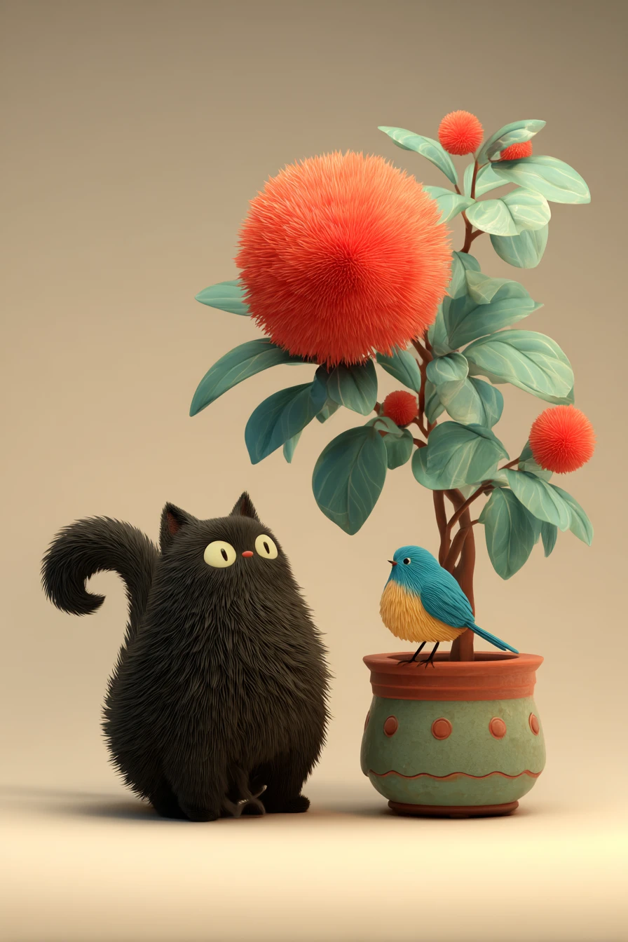 Gato preto curioso observando um pássaro azul em flor vermelha