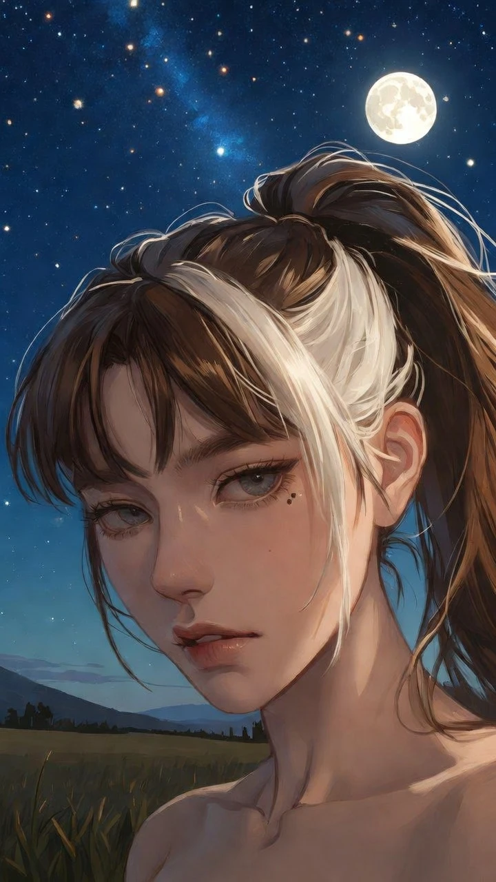 Selbstbewusstes Anime-Mädchen unter einem hellen mondbeschienenen Landhimmel