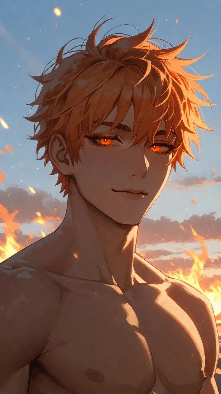 自信滿滿的動漫男子站在戶外，沐浴在發光的夕陽天空下