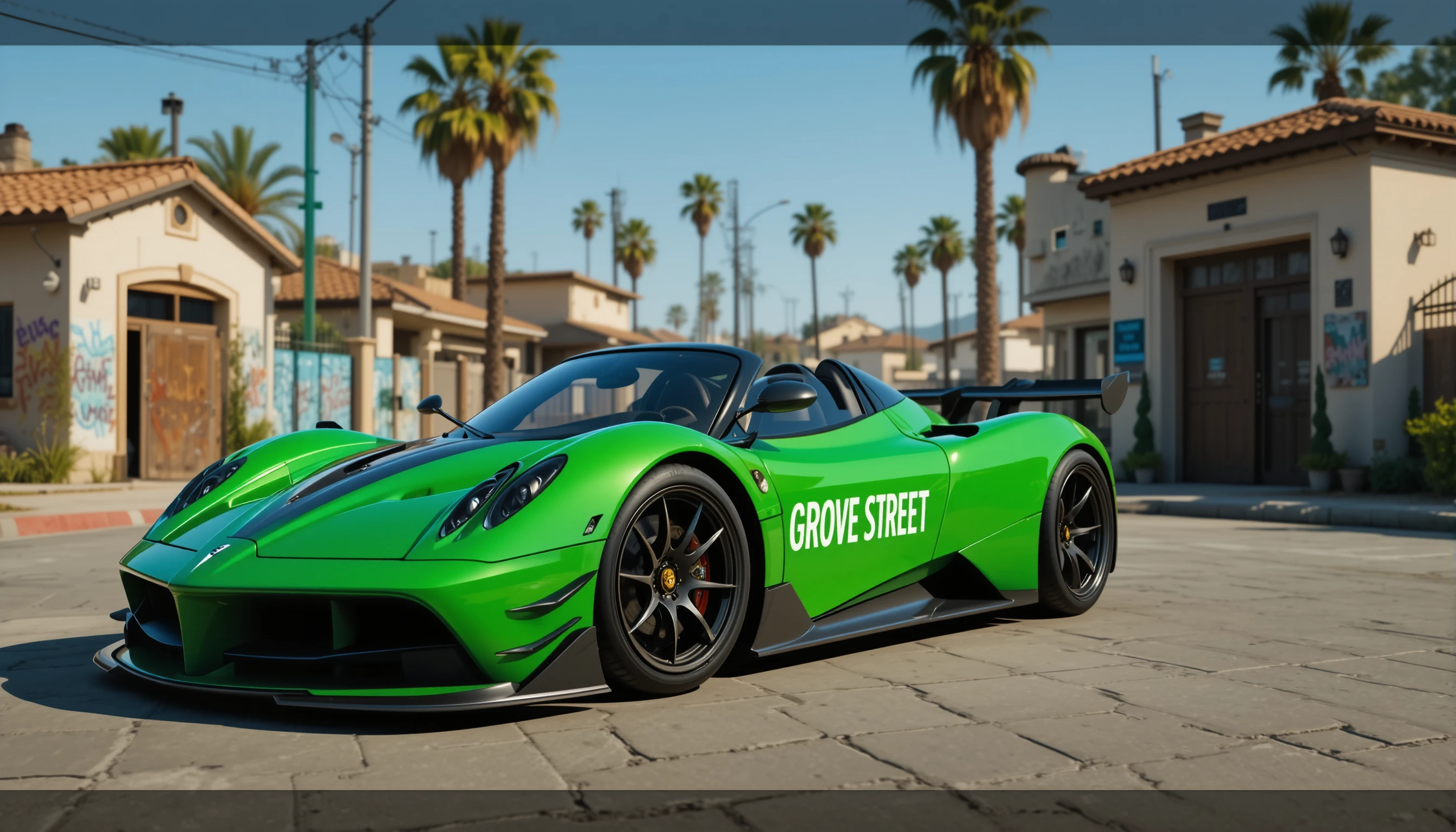 Green widebody sports car on sunny urban street