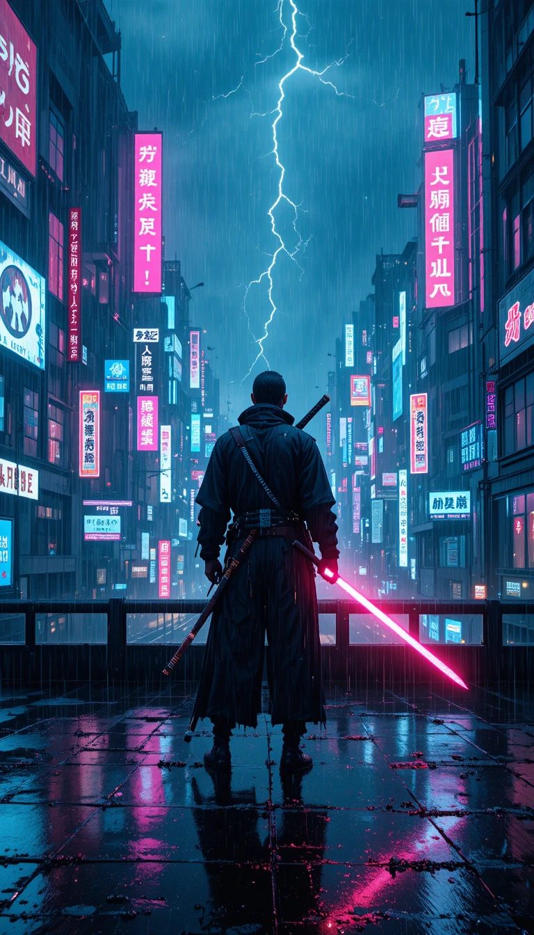 Cyber-Ronin auf einem Neon-Dach im futuristischen Tokio