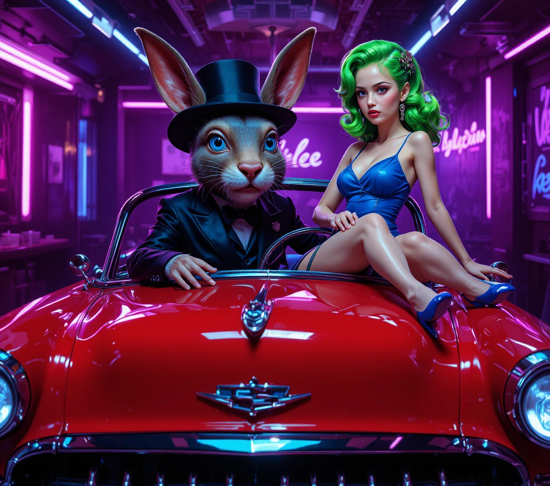 Anthropomorpher Hase fährt roten Oldtimer im Neon-Club