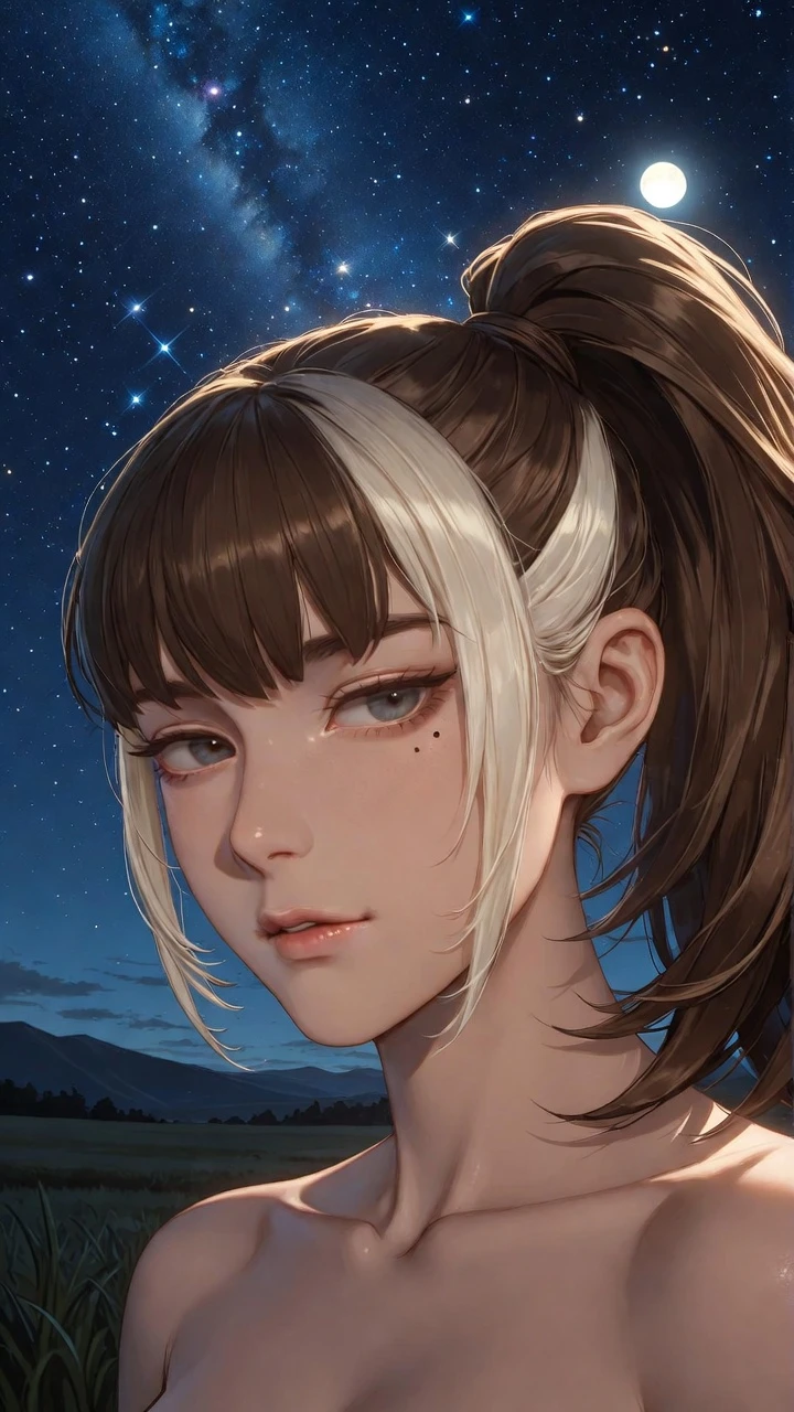 Selbstbewusstes Anime-Mädchen unter hellem Mondschein am Landhimmel