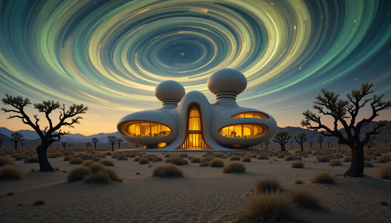 Edificio futuristico surreale che brilla in un vasto deserto
