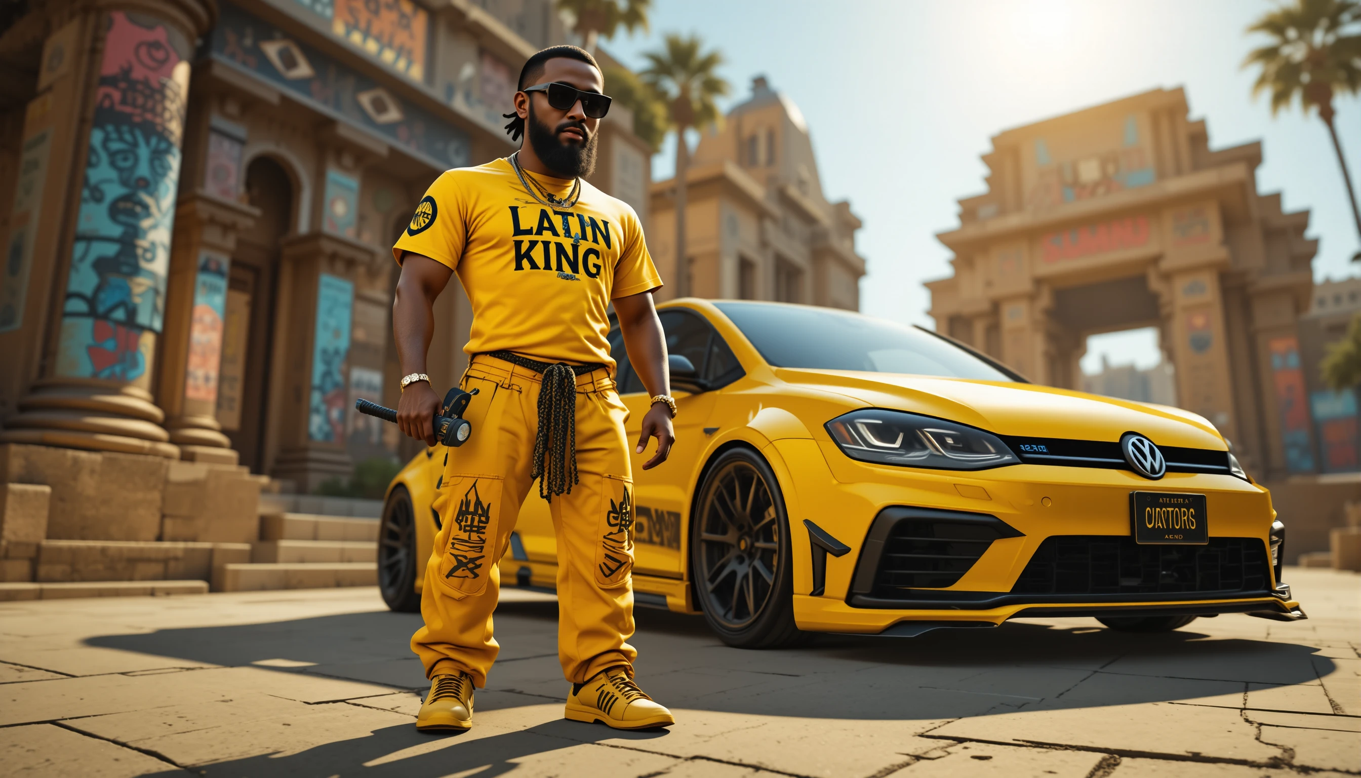 Homem estilizado com katana ao lado de carro esportivo amarelo personalizado