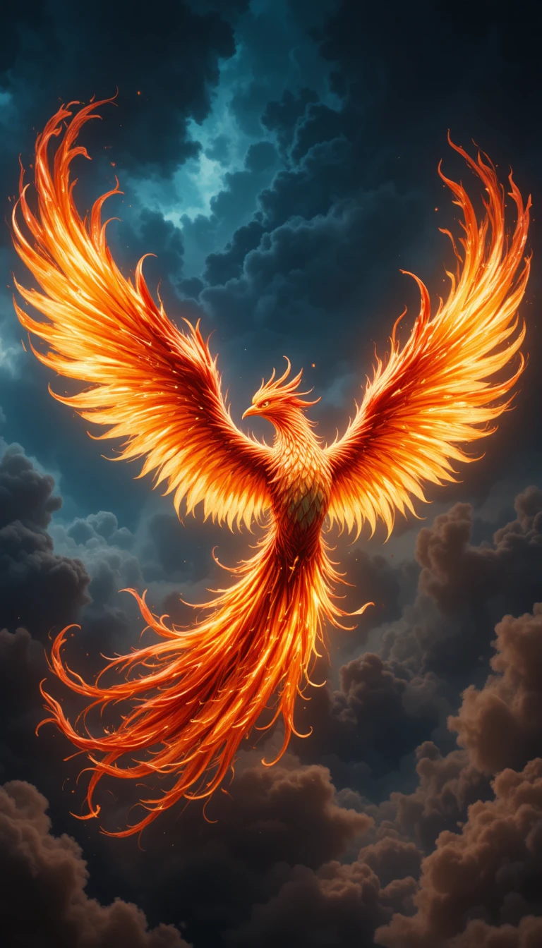 Fênix flamejante alçando voo por um céu tempestuoso e brilhante