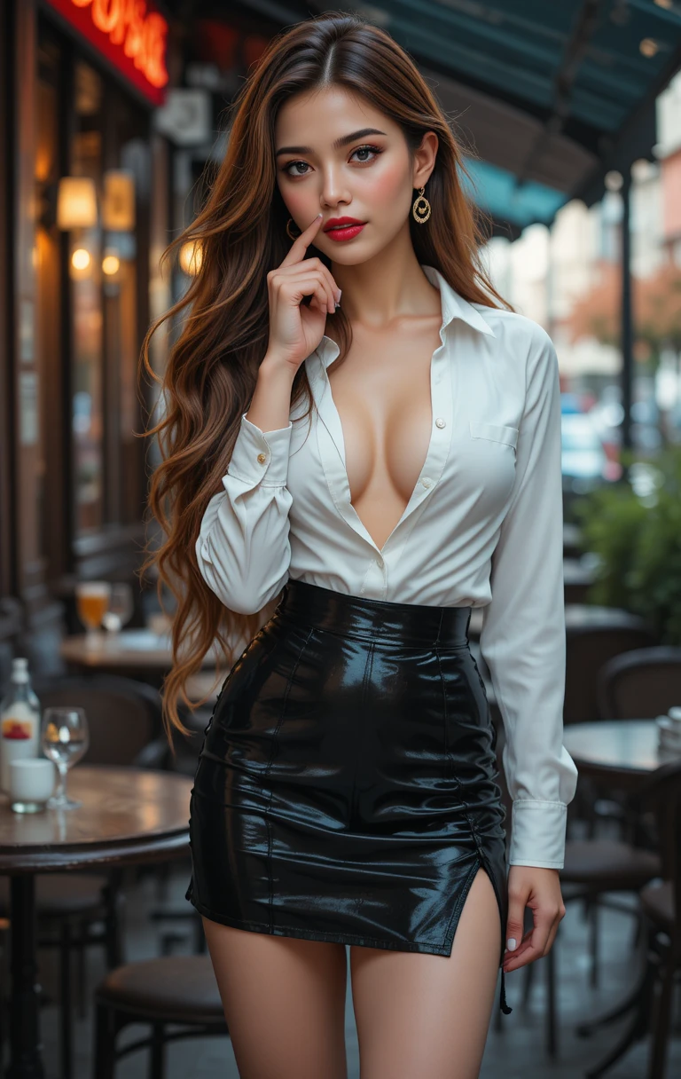 Mujer morena con minifalda en terraza de café al aire libre