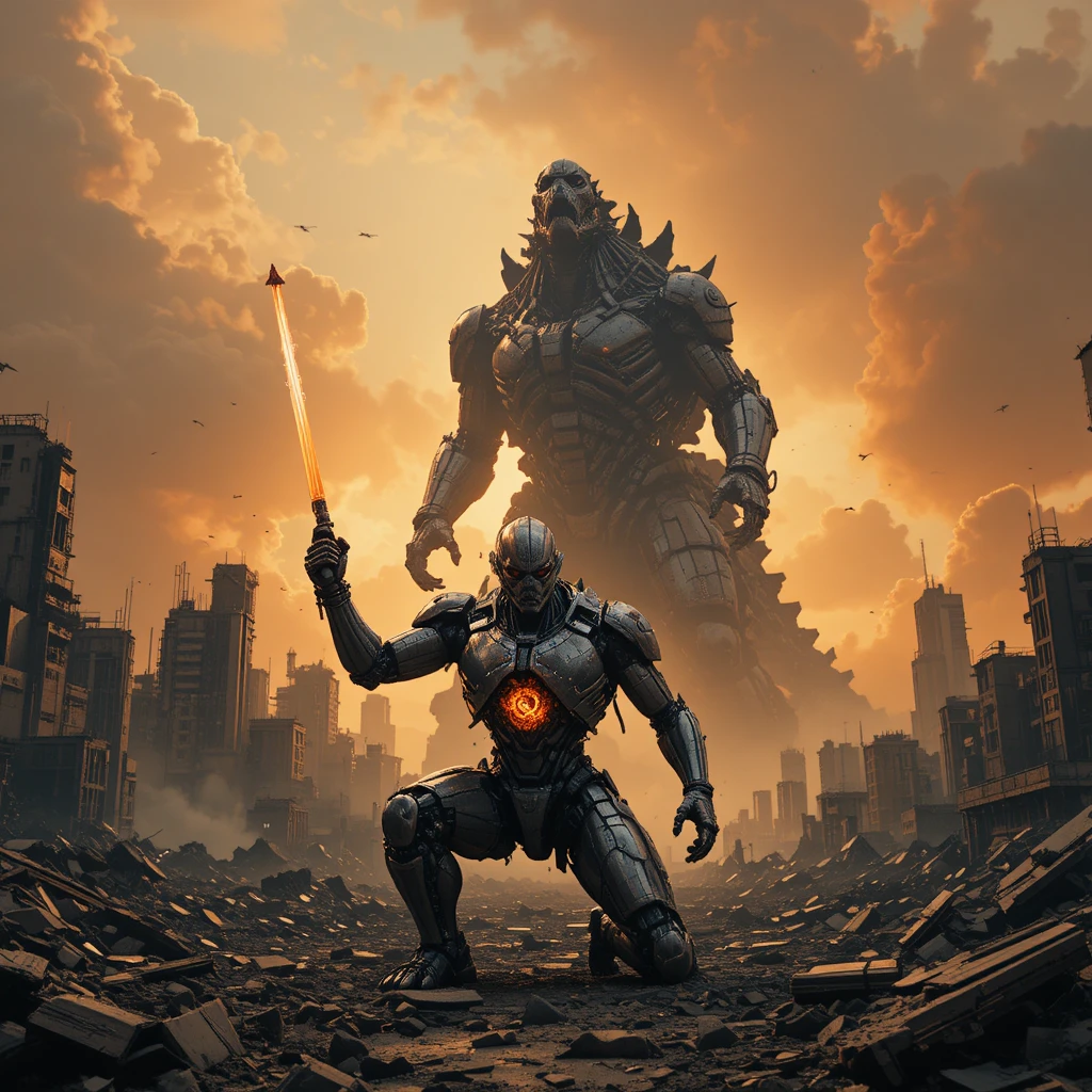 Mecha dañado arrodillado entre ruinas frente a un kaiju colosal