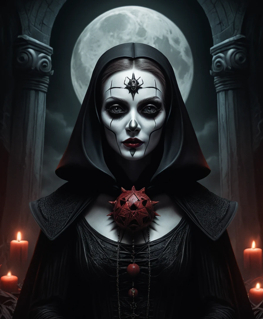 Mulher em ritual sombrio em uma cena de terror pop surreal em quadrinhos