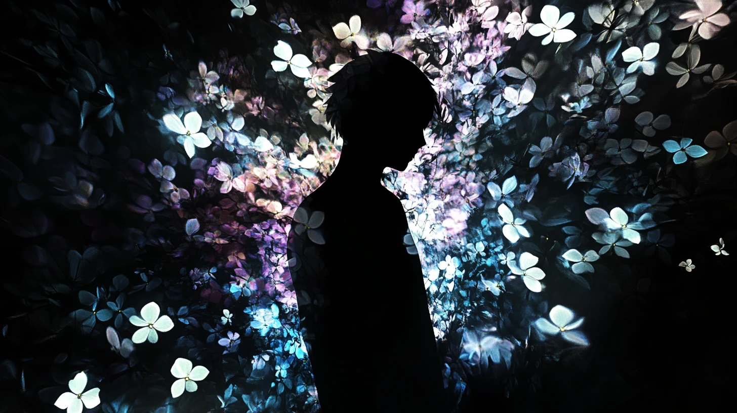 Flores luminosas orbitando a silhueta de uma criatura ausente