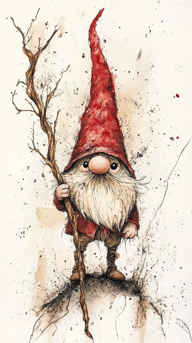 Gnome fantaisiste avec bâton de brindille vivante en aquarelle et encre