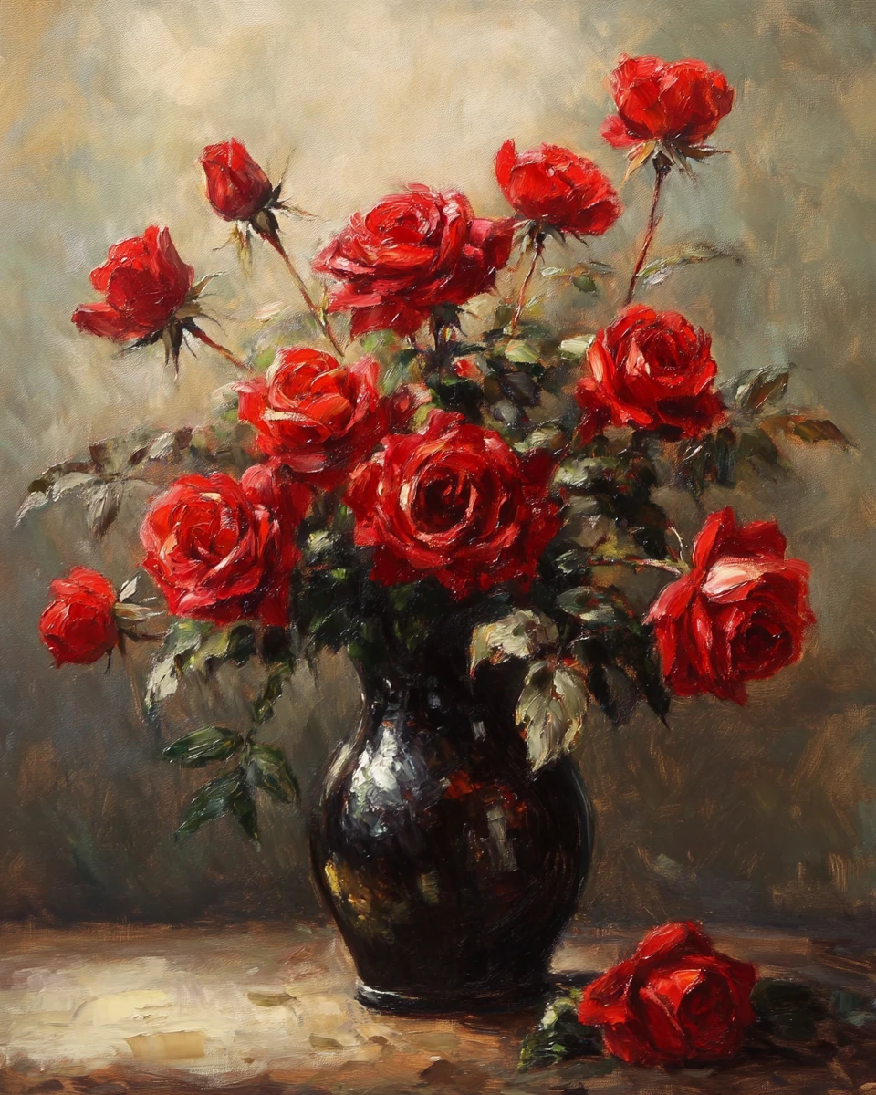 Pintura a óleo atmosférica de rosas em estilo natureza-morta