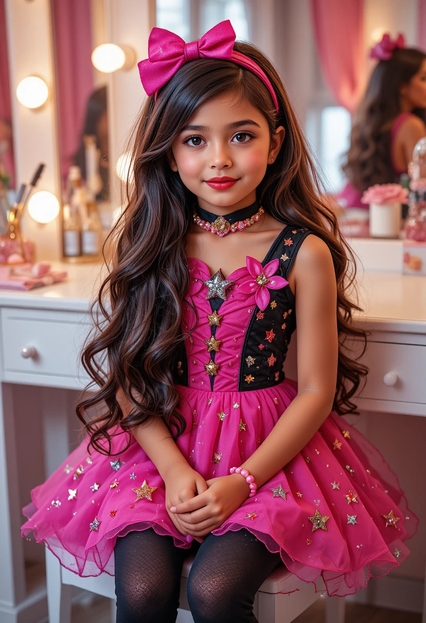 Garoto latino de vestido rosa com estrelas posando na penteadeira