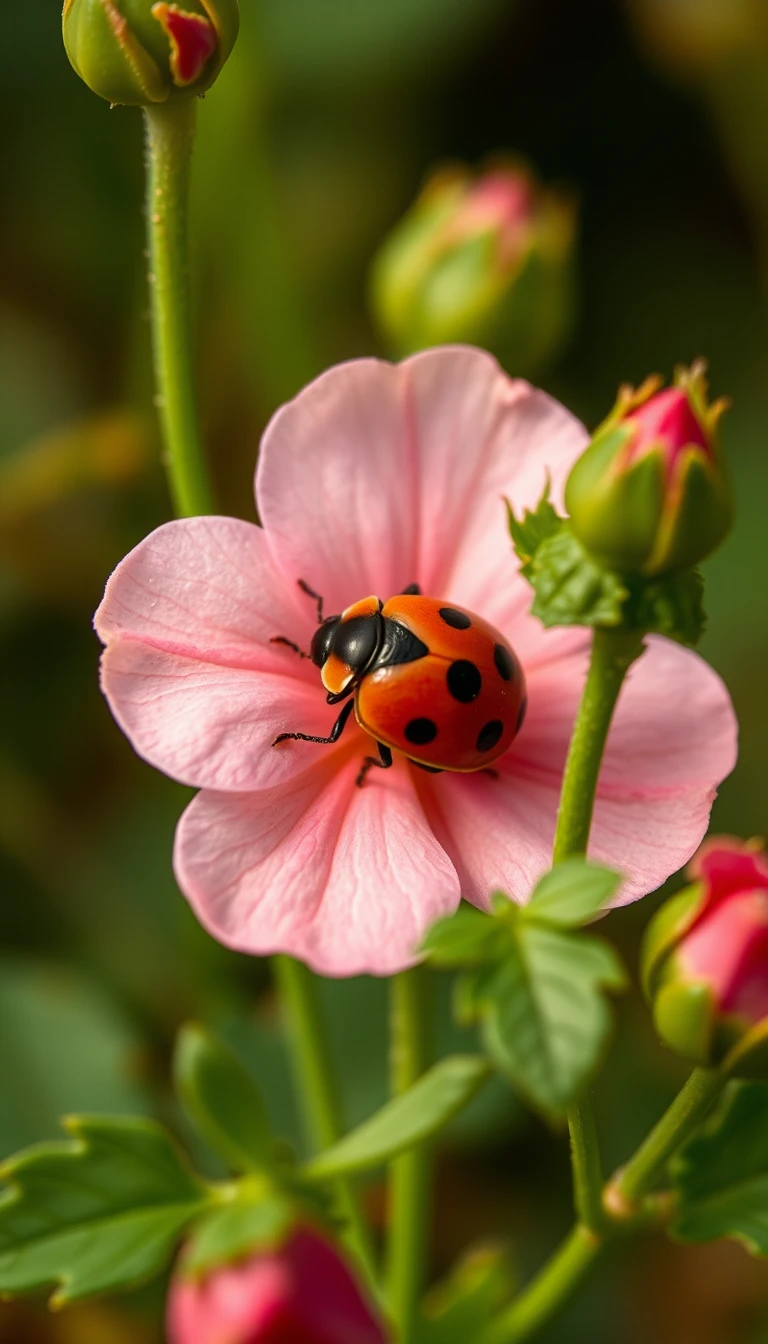 Rugiada del mattino sull’erba con una coccinella che beve in silenzio