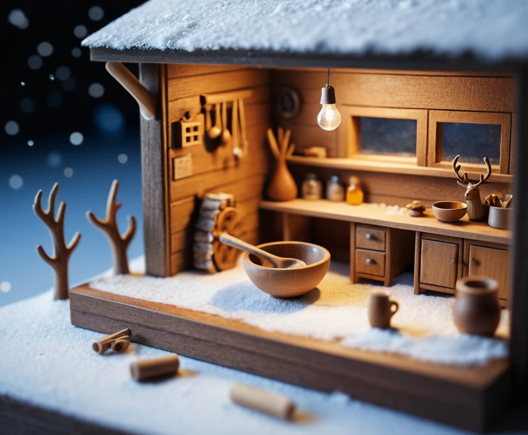 Tiny Finnish woodworking workshop in a snowy winter night