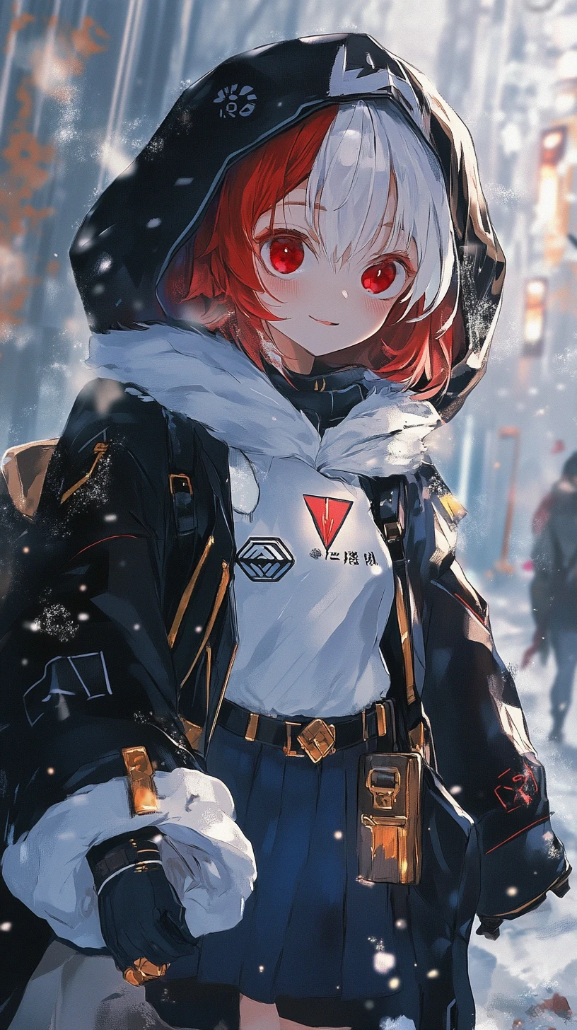 氷の宮殿で巨人の手の上に微笑むアニメ少女
