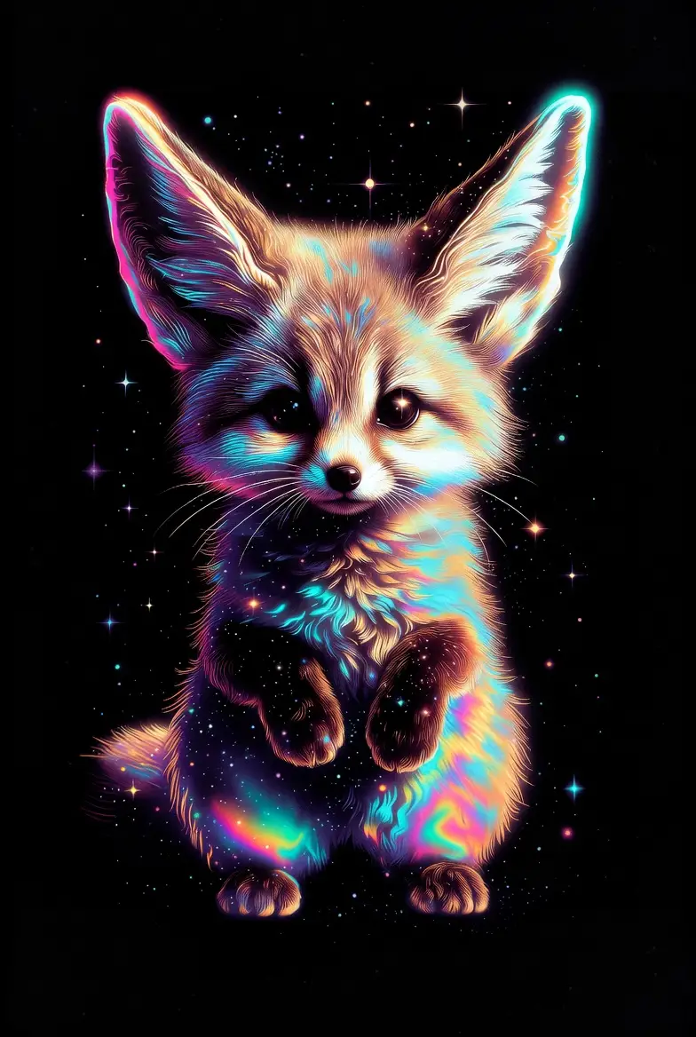 宇宙黑色背景中的發光霓虹狐狸角色