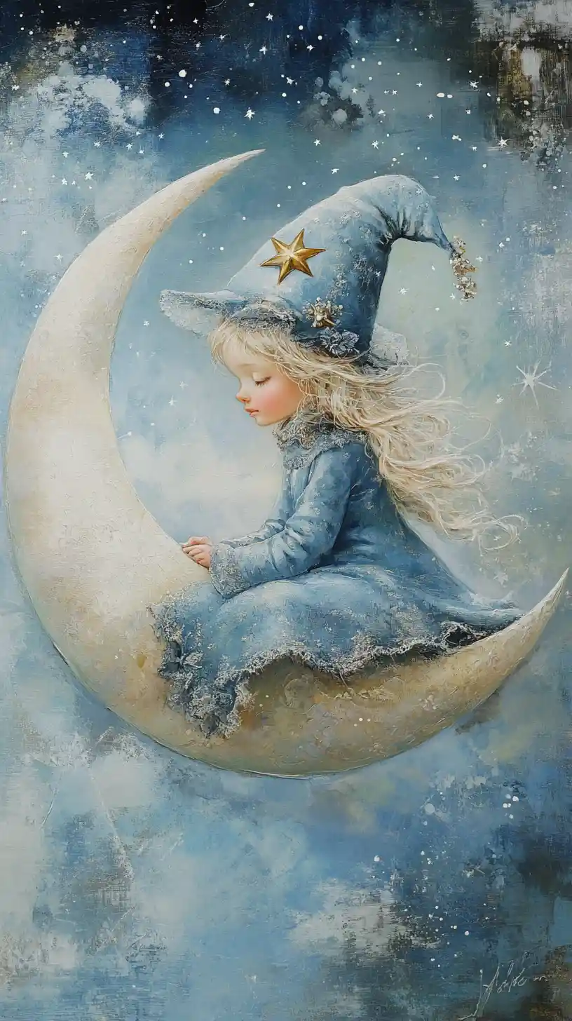Young girl on crescent moon in starry fantasy sky
