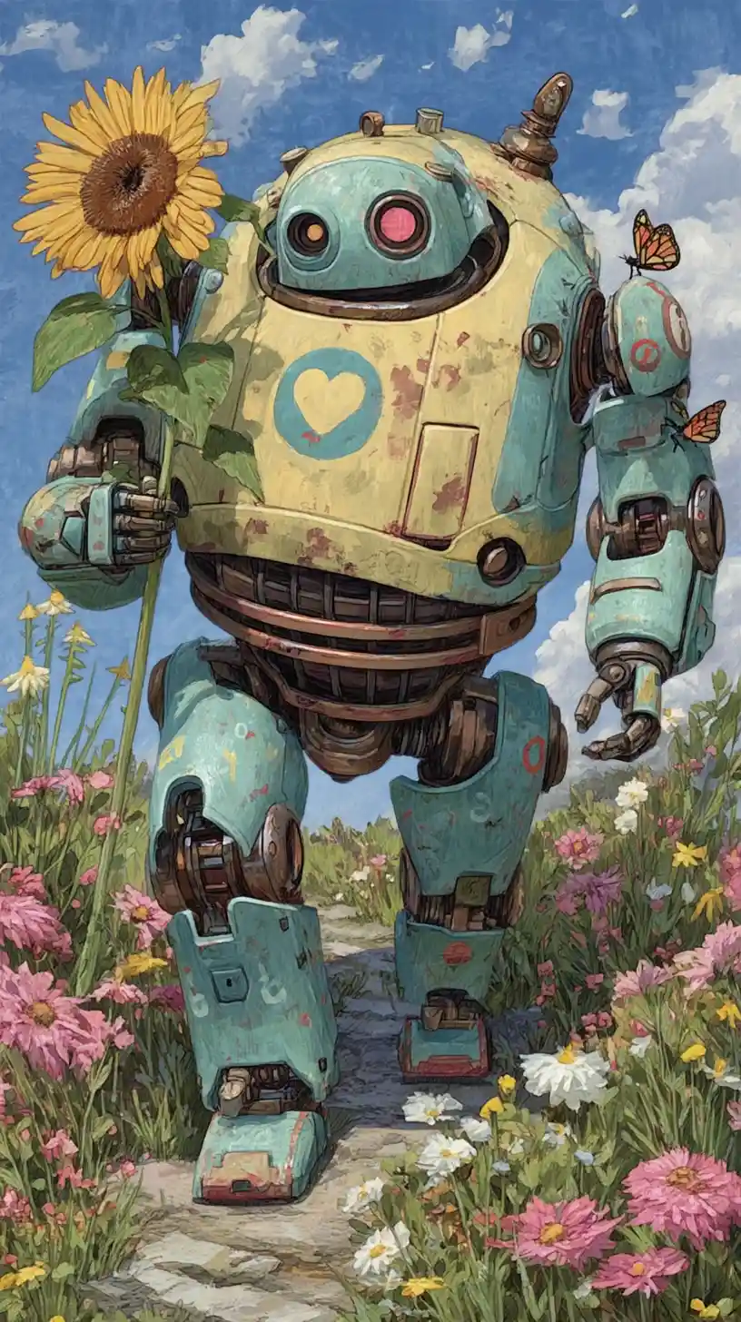 Dolce mecha pastello che cammina in un prato soleggiato di fiori spontanei