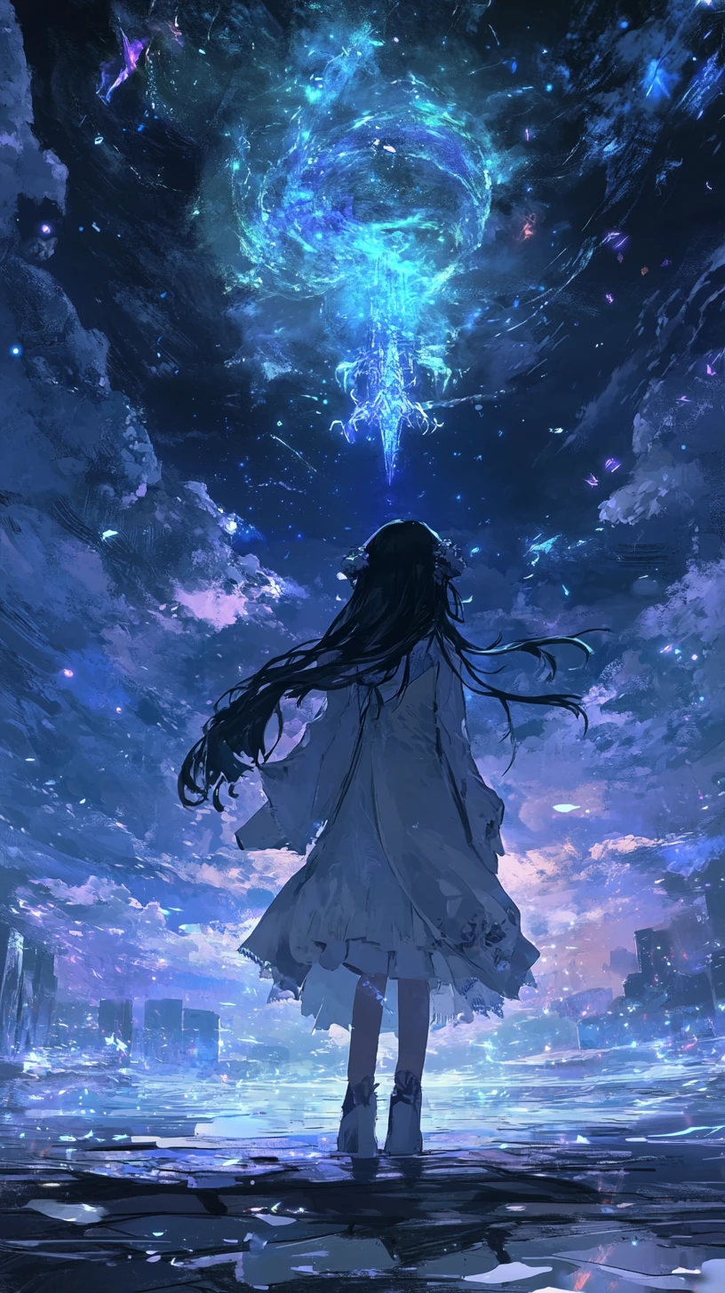 Anime girl with dragon tail floating in sunlit water